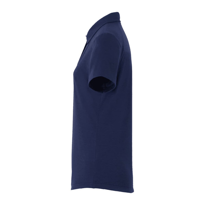 A women's polo shirt in navy blue, featuring a classic collar and short sleeves. It has a logo on the chest.
