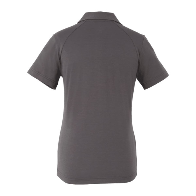 A women's eco polo shirt in dark grey, featuring a standard collar and short sleeves. It has a logo on the back.