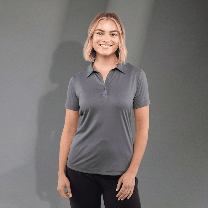 A women's grey eco polo shirt with a collar, featuring a logo, designed for performance.