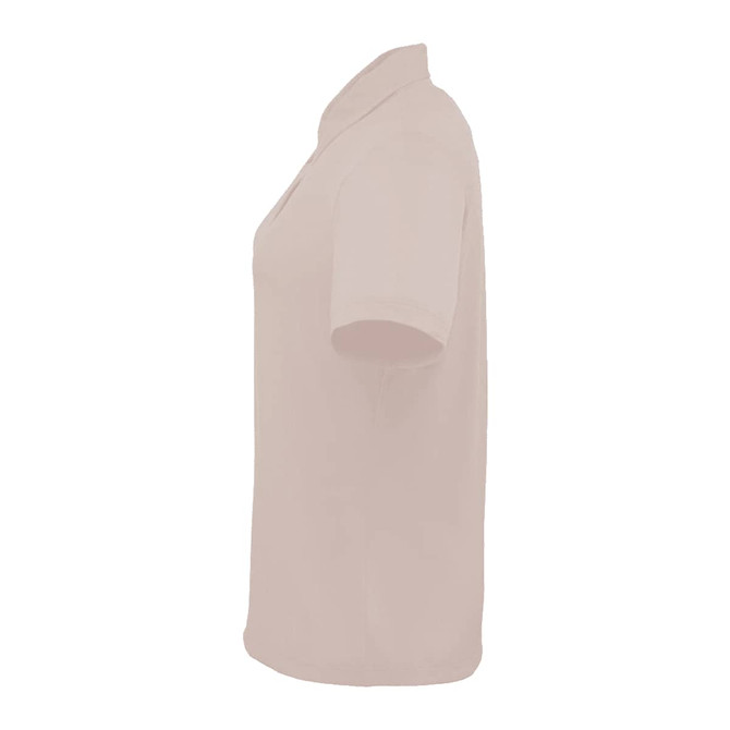 A women's polo shirt in light beige with a collar and short sleeves, featuring a logo.