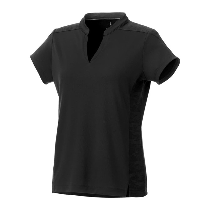 A black women's polo shirt with short sleeves and a collar, featuring a subtle pattern on the sides.