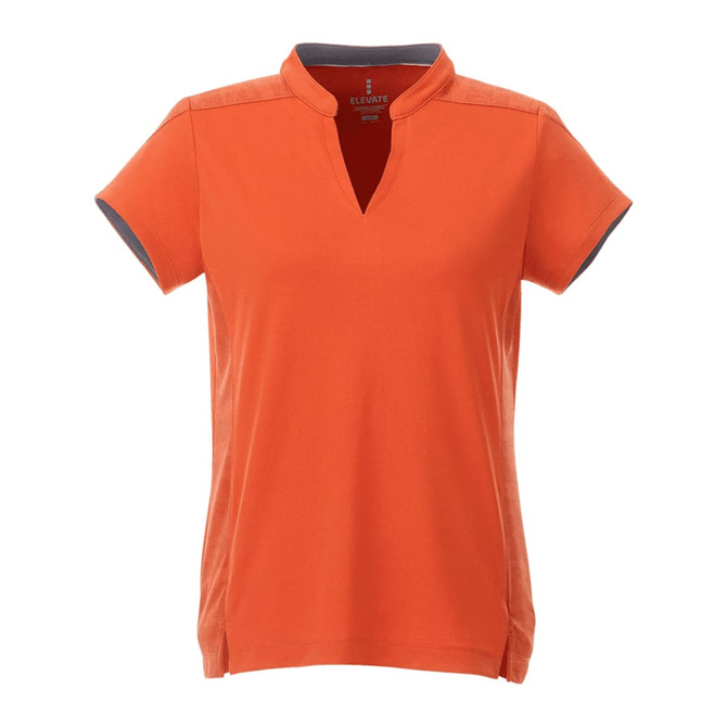 A women's short sleeve polo shirt in bright orange with a subtle collar design and contrasting details.