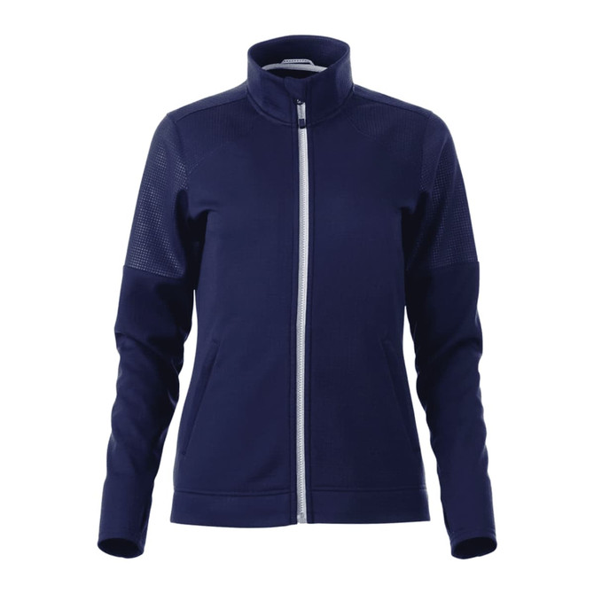 A women's full zip performance jacket in navy blue with thumb holes and a logo on the chest.
