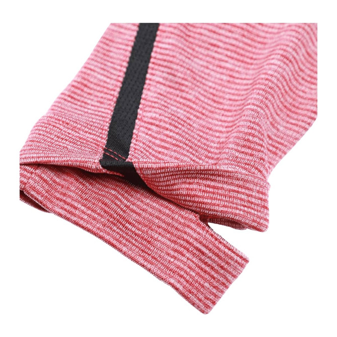 A close-up of a pink striped fabric with a contrasting black trim, showcasing the texture and design of a half zip jumper.