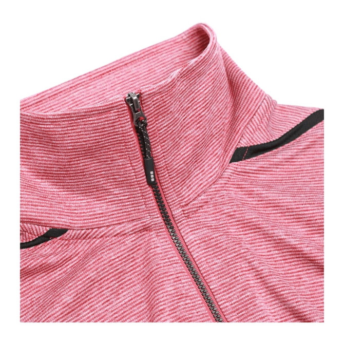 A red and white striped half zip jumper with a high collar and a branded logo.