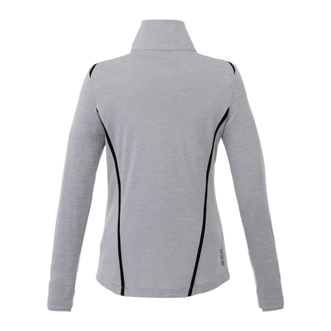 A grey women's half zip jumper featuring black seam detailing and a high collar, with a logo on the side.
