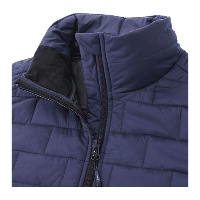 A navy blue women's lightweight packable insulated puffer vest featuring a high collar and zippered opening.