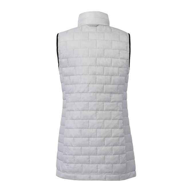 A lightweight, packable women's puffer vest in a soft grey colour, featuring a quilted pattern and a collar.