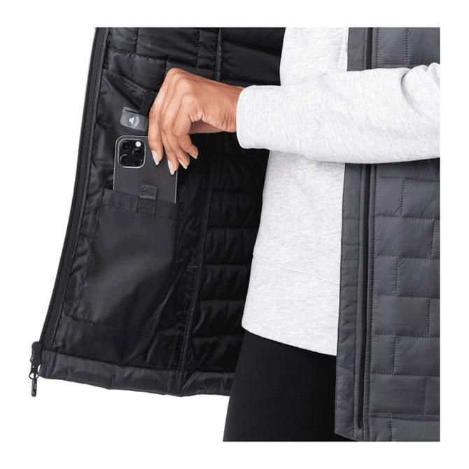 A black insulated puffer vest with an interior pocket for a phone or small items. Features a quilted design.