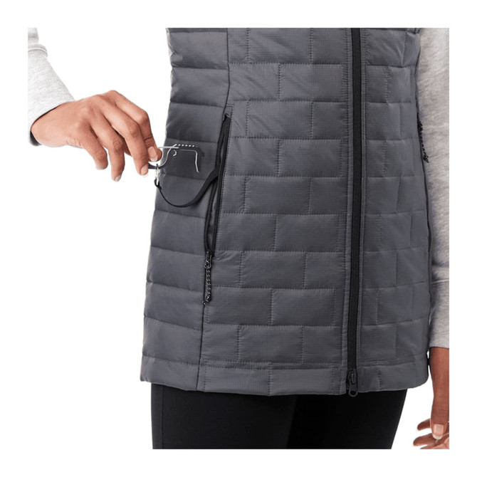 A dark grey lightweight packable insulated puffer vest with a zippered pocket, featuring a hand placing glasses inside.