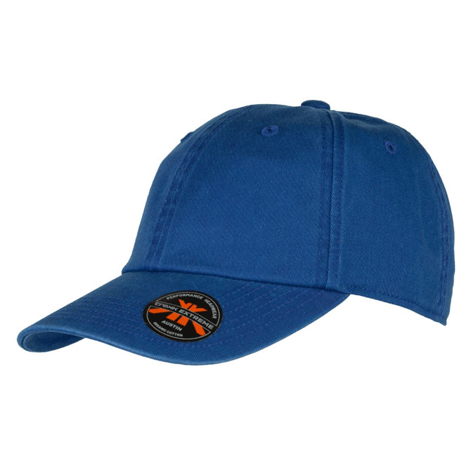 A blue organic washed cotton cap with a curved brim, featuring a logo on the front.