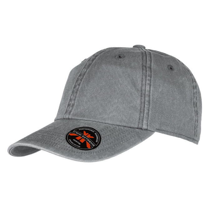 A grey organic washed cotton cap featuring a curved brim and an attached logo on the front.
