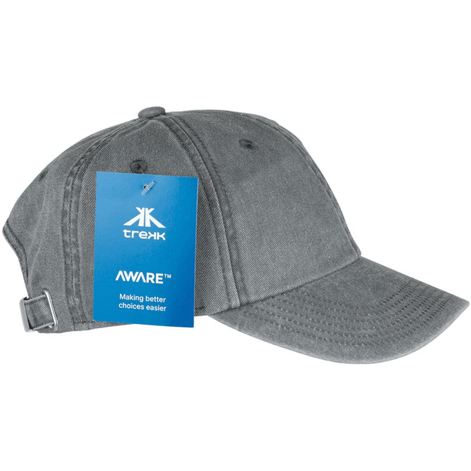 A grey organic washed cotton cap with an adjustable strap and a logo tag attached.