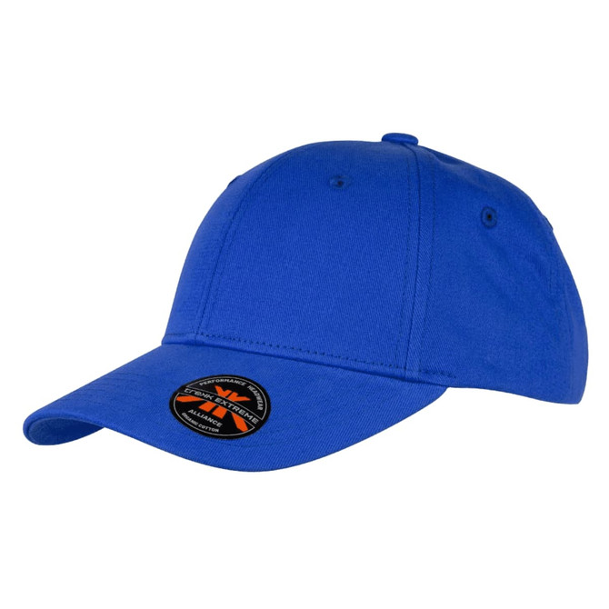 A blue organic cotton twill cap featuring a curved brim and a logo on the side.