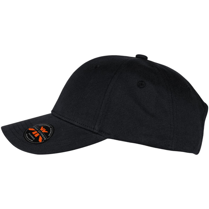 A black organic cotton twill cap with a curved brim and a logo on the side.