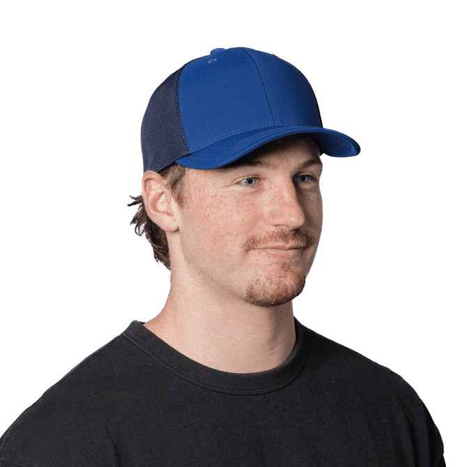 A blue and navy cap with a structured design, featuring a logo on the front.