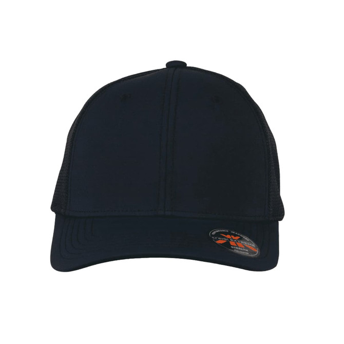A black Stealth Mesh Flex Cap with a solid front and mesh sides, featuring a logo on the brim.