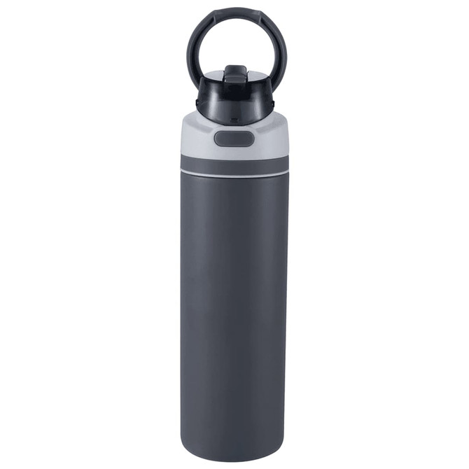 A drink bottle made of recycled stainless steel in grey with a flip straw and a carrying handle. It features a logo.