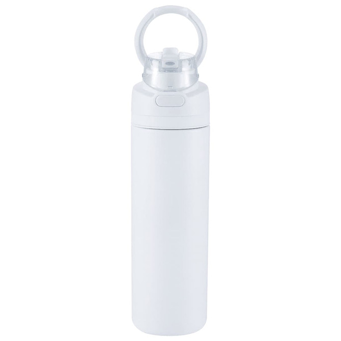 A drink bottle in white, featuring a flip straw and a looped cap. It has a logo on the surface.