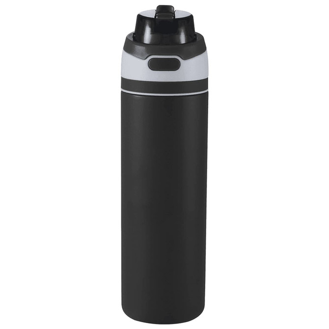 A drink bottle in black with grey accents, featuring a flip straw lid and a logo.