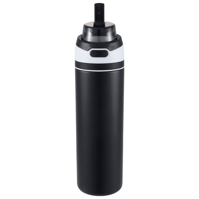 A drink bottle in matte black with a sleek design and a flip straw lid, featuring a logo on the side.