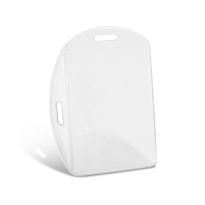 A clear plastic ID holder featuring a slot for a badge and a convenient handle for easy carrying.