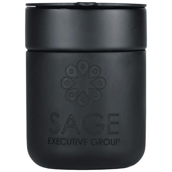 A drink bottle featuring a black ceramic tumbler with a silicone wrap and a logo on the front.