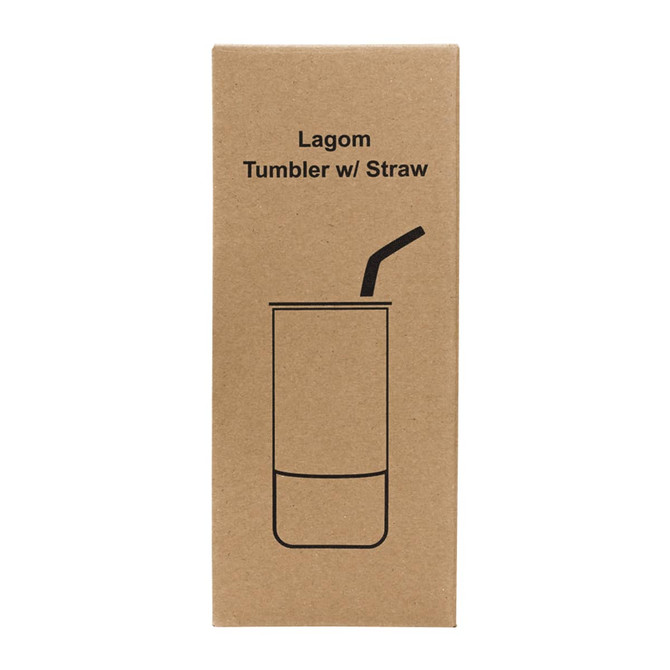 A drink bottle packaging featuring a tumbler design with a straw, in a neutral cardboard colour.