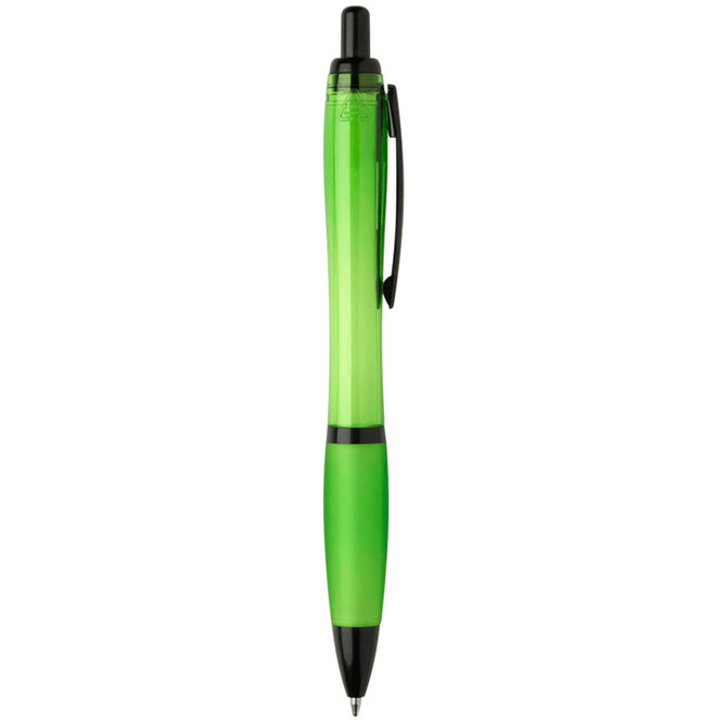 A green pen with a black clip and tip, featuring a logo on the barrel.