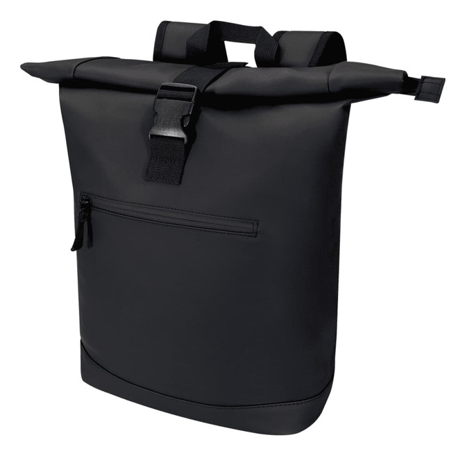 A black recycled roll-top backpack with adjustable straps and a zippered pocket on the back. It also features a logo.