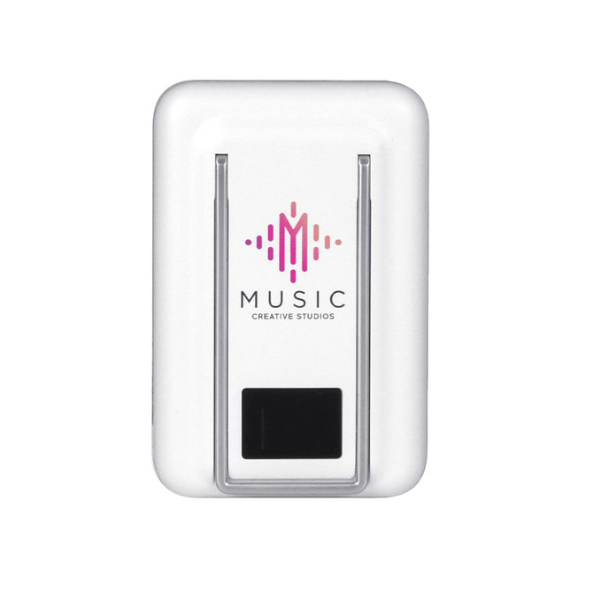A white magnetic power bank with a transparent phone stand and a logo on the surface.