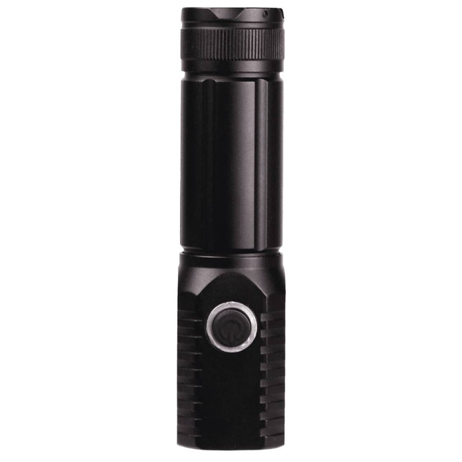 A black LED torch featuring a textured grip and a circular power button, designed for portability.