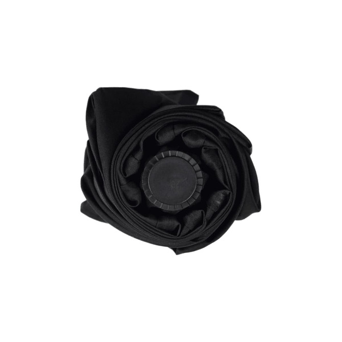 A black, tipless umbrella rolled neatly, featuring a circular handle at the centre. It includes a logo.
