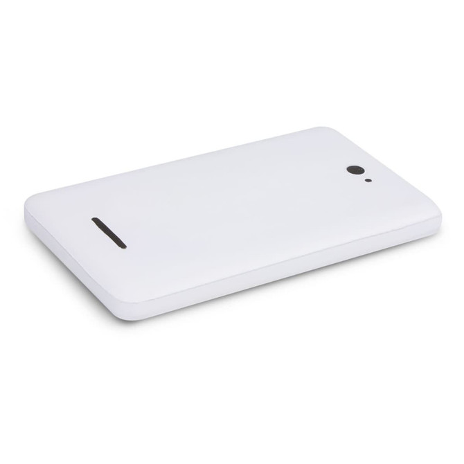 A white stress relief phone-shaped keyring designed to alleviate stress.