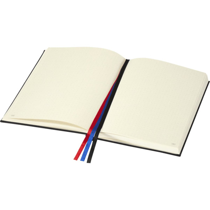 A black diary with blank pages, featuring a ribbon bookmark in blue and red.