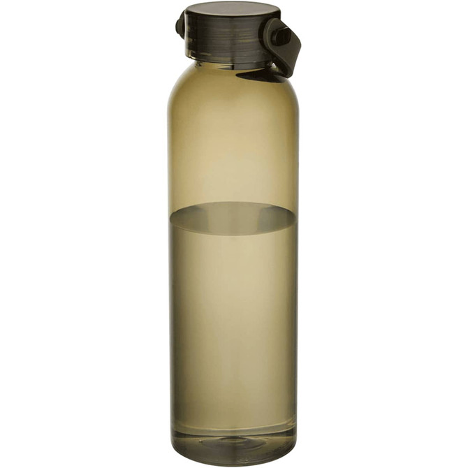 A drink bottle made from recycled plastic, featuring a sleek greyish-brown design and a secure lid.