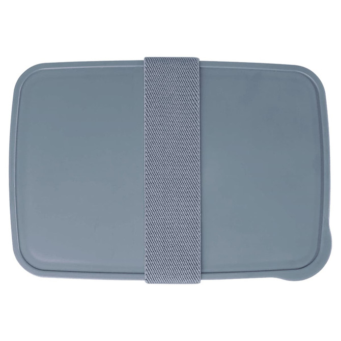 A lunch box in a solid grey colour with a textured grey band securing the lid, featuring a simple design.