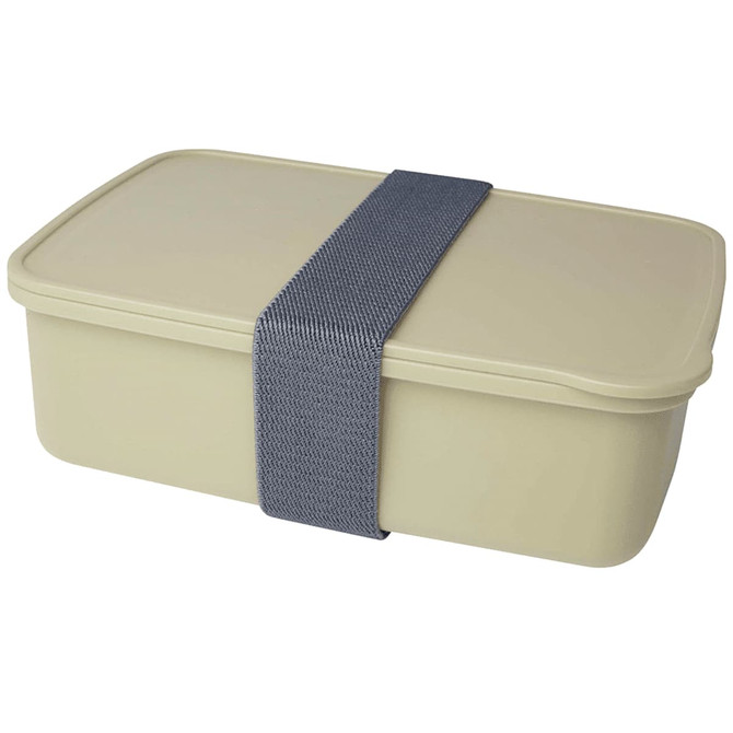 A beige lunch box with a grey band. It features a rectangular design and a lid. Includes a logo.