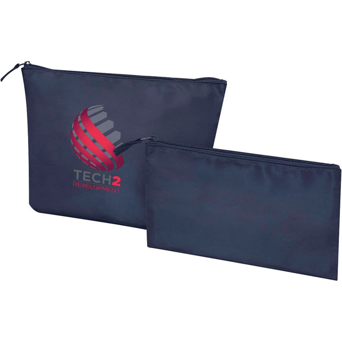 A set of two navy blue toiletry bags, one larger and one smaller, featuring a logo.