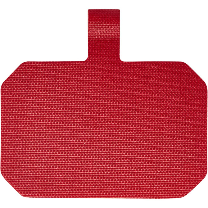 A red promotional phone lanyard with a textured finish and a top loop for attachment. It features a logo.
