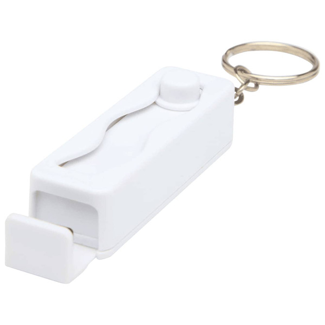 A white recycled plastic phone stand with a fidget toy attached, complete with a keyring for easy carrying.