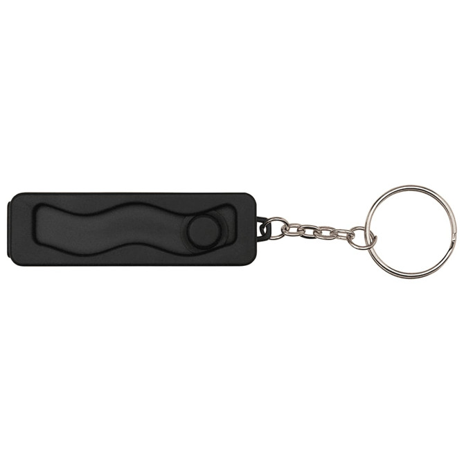A black recycled plastic phone stand with a fidget toy attached, featuring a keyring for easy carrying.