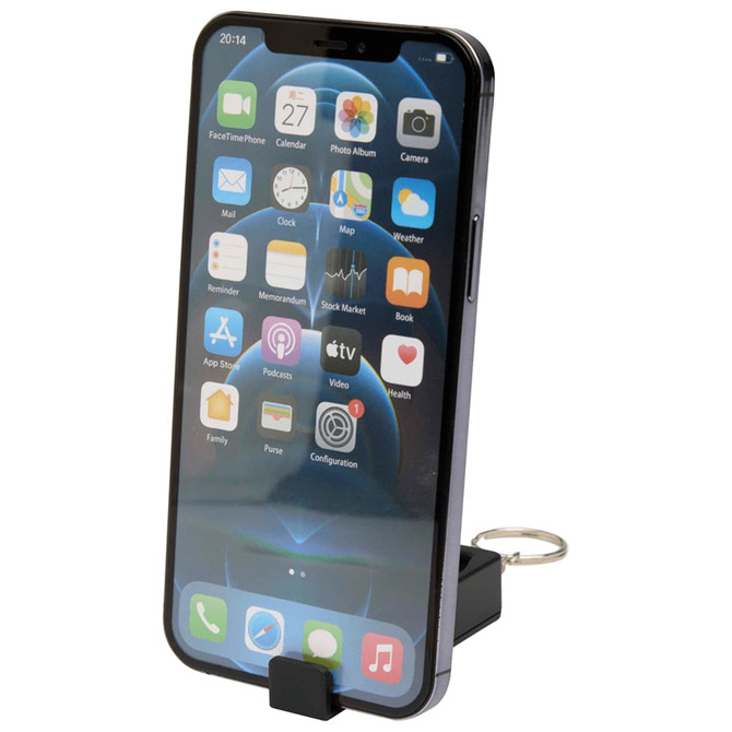 A black recycled plastic phone stand featuring a fidget toy and displaying a smartphone with an app interface.