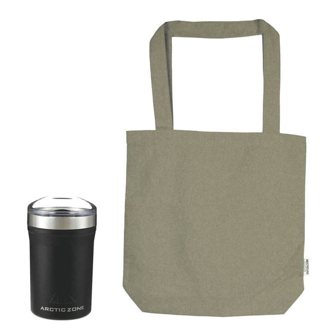 A black drink bottle with a silver lid next to a khaki tote bag, both featuring a logo.