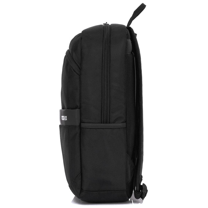 A black backpack with a sleek design, featuring side pockets and a zippered main compartment. It has a branding logo.