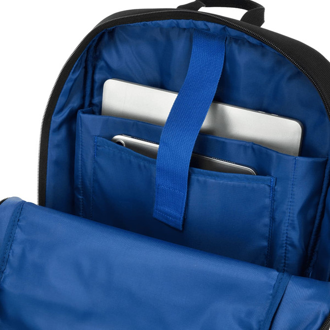 An open blue backpack with a compartment for a laptop and a side pocket for additional items. It features a logo.