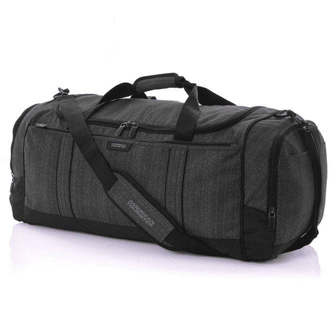 A grey duffle bag with multiple zippered pockets and a removable shoulder strap. It features a logo.