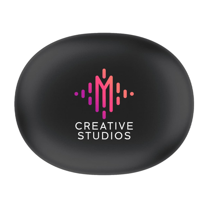 A black case featuring a logo, designed to hold earbuds. The design includes vibrant colours of pink and purple.