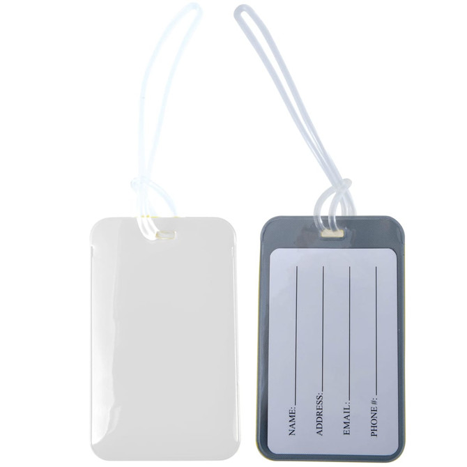 A luggage tag in clear and light gray colors, featuring space for personal information on one side.
