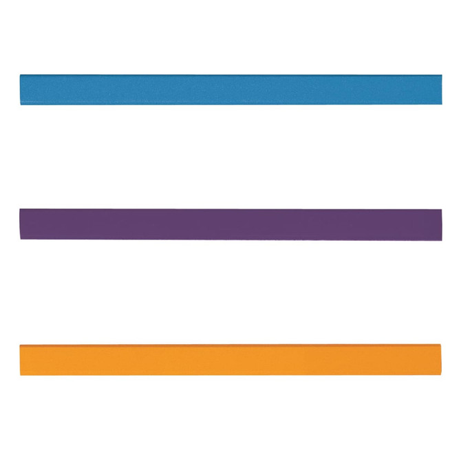 Three straight strips of carpenter pencils in blue, purple, and orange colors. Each pencil has a smooth finish.